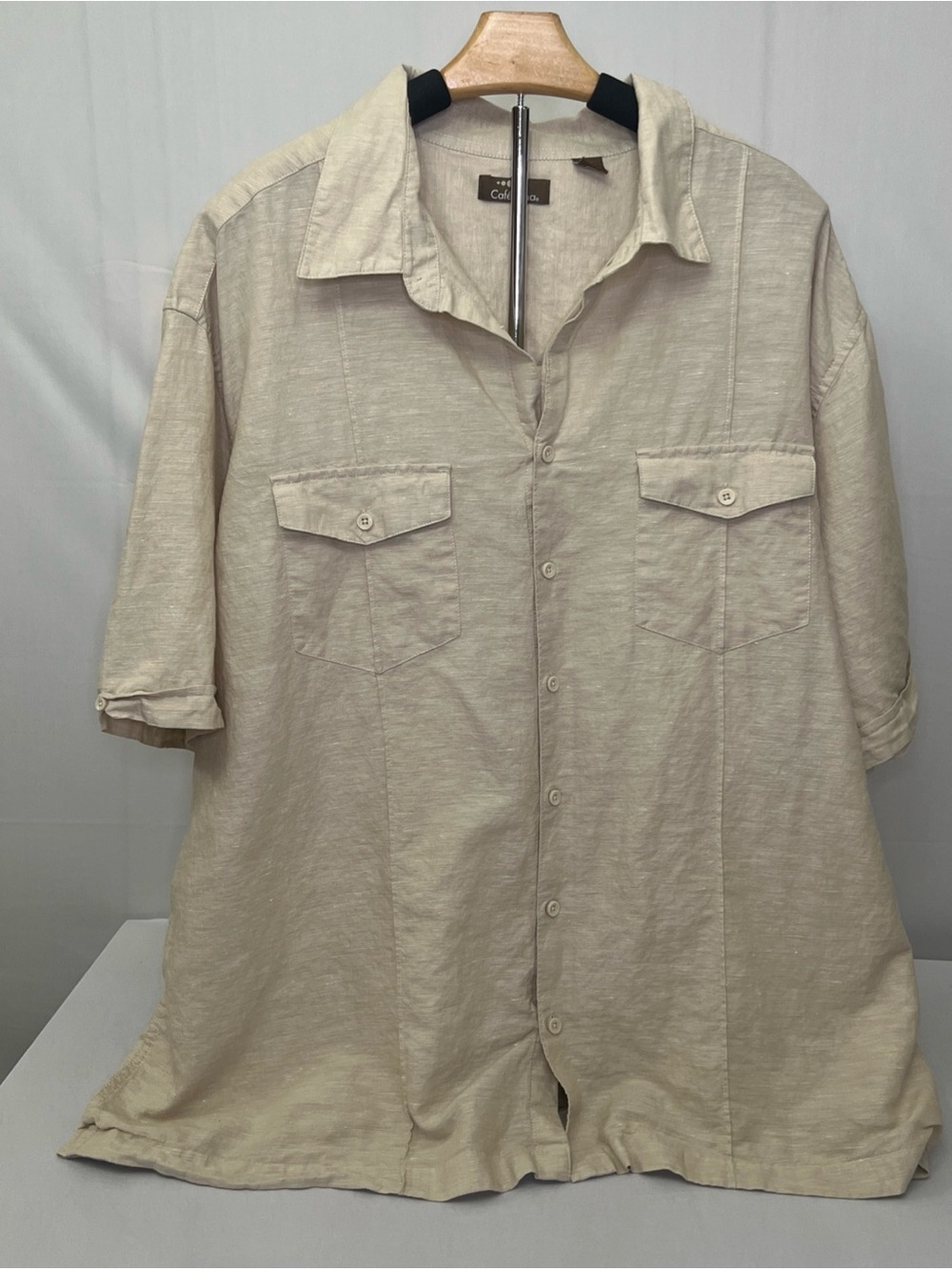 Cafe Luna Mens 2XL Shirt Beige Natural Linen Cotton Blend Short Sleeve Button Up